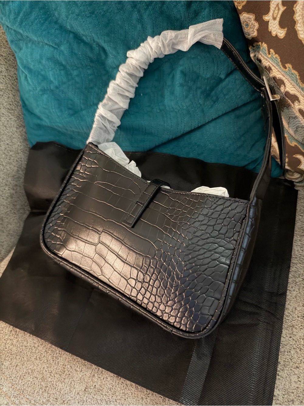 Black-Embossed faux style shoulder purse